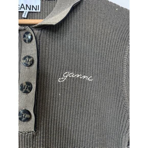 NEW Ganni Melange Collar Embroidered Short-Sleeve Knit Mini Dress Safari Size: M - Picture 5 of 8